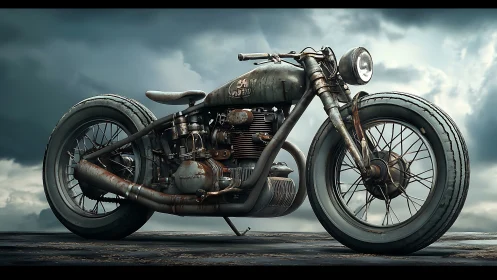 Rust-patinated custom bobber motorcycle under storm sky.