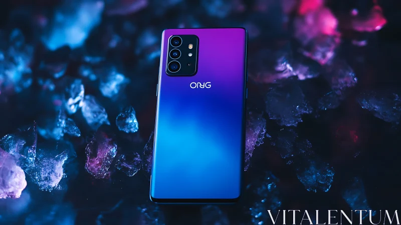 ONG smartphone with gradient display against crystalline backdrop.