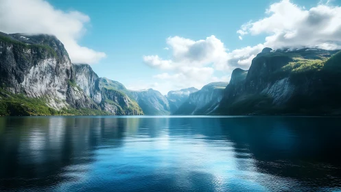 Gentle fjord mountains cradle a calm blue lake in sunlight
