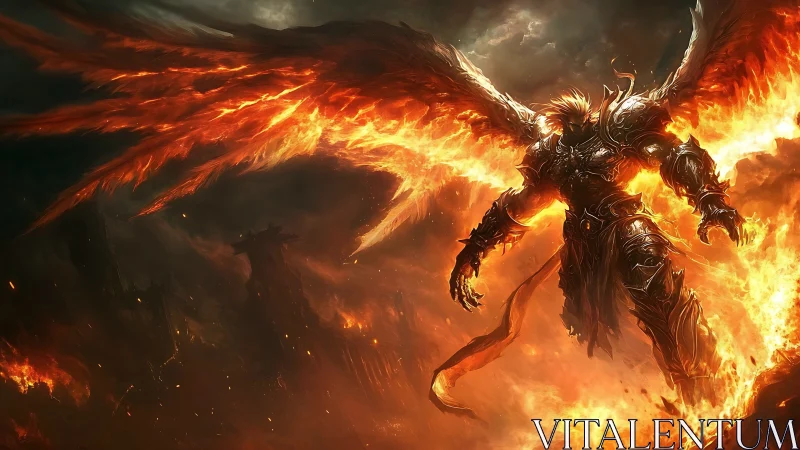Flaming armored angel descends over burning apocalyptic city.