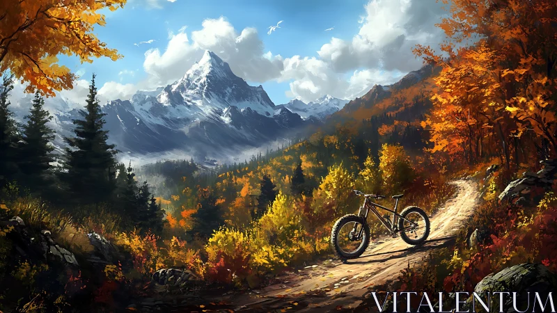 Mountain Terrain Landscape with Autumn Foliage and Alpine Bicycle. Digital Rendering.