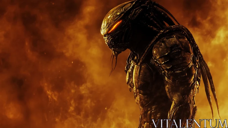 Armored alien hunter in infernal backlit profile shot.