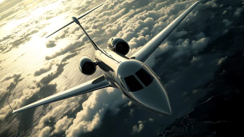 Sleek private jet banking above dramatic sunset clouds.