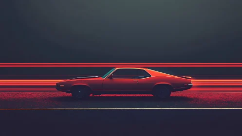 Red muscle car profile with motion light trails at night.