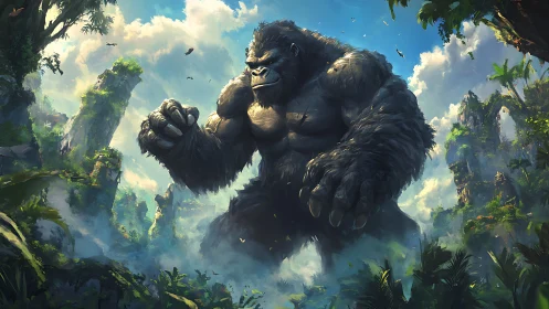 Giant gorilla figure in dense tropical ruins landscape scene.