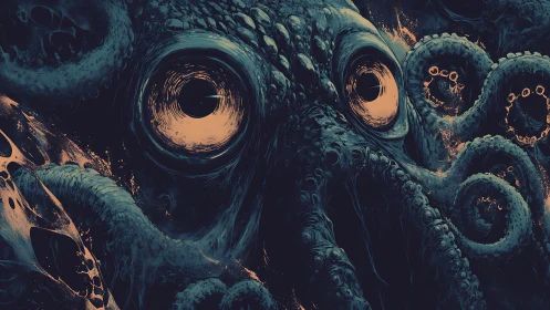 Midnight abyssal cephalopod staring through molten halos.