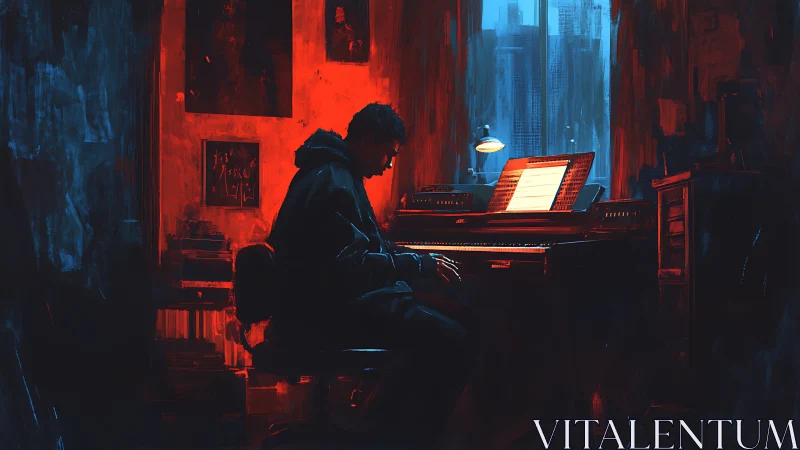 Solitary composer at digital piano under dual red-blue lighting