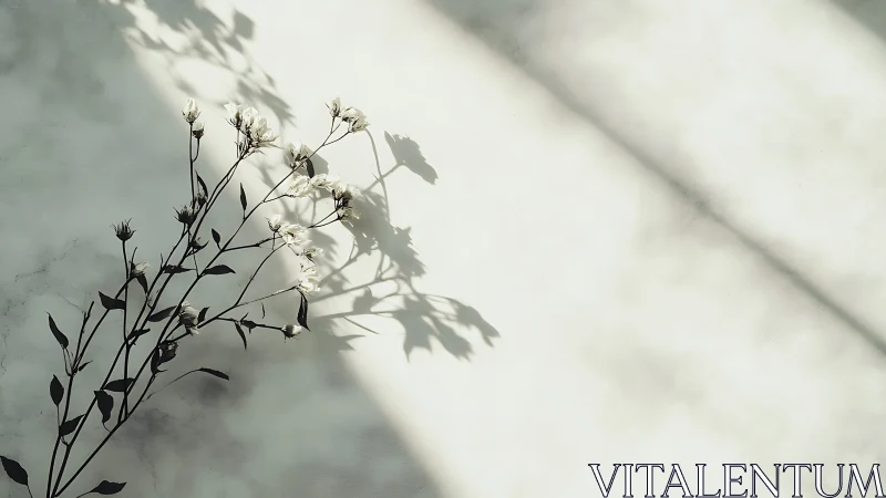 Single flower stem casting shadow on pale textured wall.