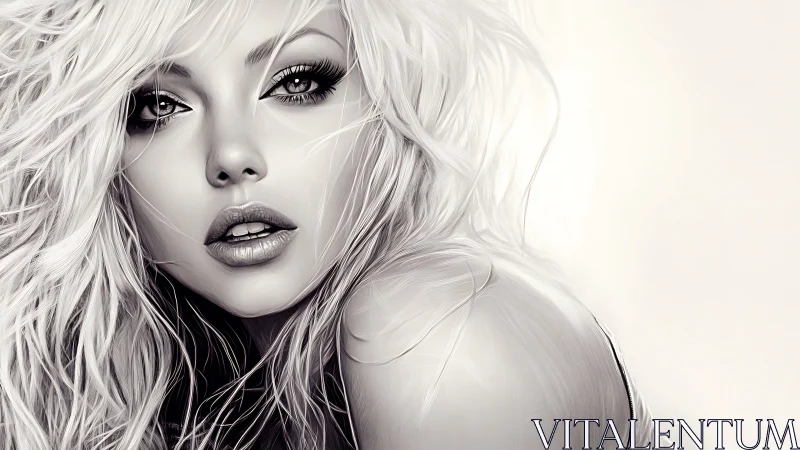 Monochrome digital portrait of blonde woman, high contrast