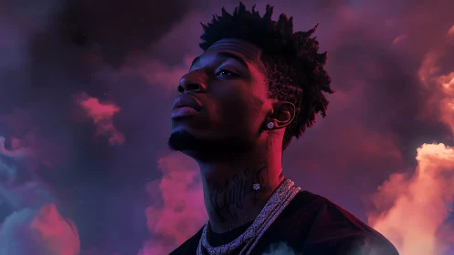 Dreamy neon sky portrait of a reflective young artist.