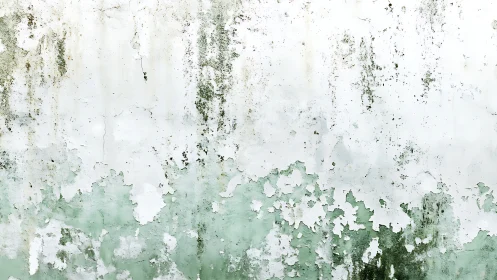 Peeling white paint exposes green stained concrete wall surface