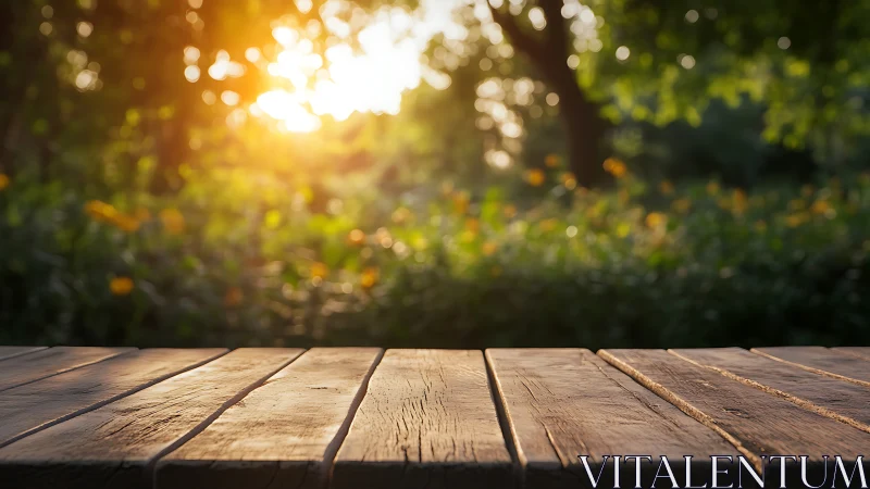 Sunlit weathered wooden tabletop with blurred garden bokeh