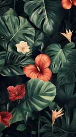 Tropical Paradise: Vibrant Hibiscus and Monstera Botanical Art