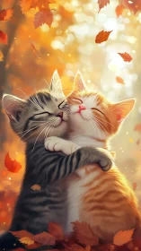 Two Affectionate Cats Embracing in Autumn Leaf Bokeh