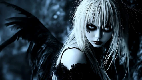 Gothic angelic figure in icy monochrome forest gloom.