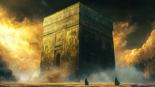 Monolithic golden cube temple rendered with volumetric light and haze