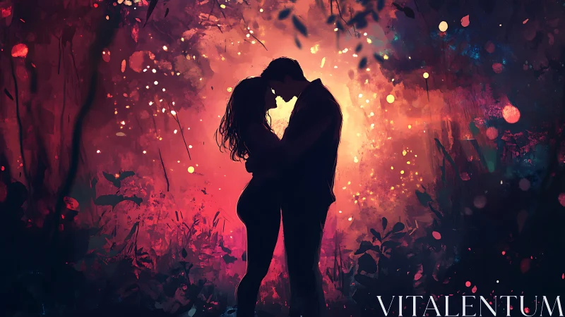 Silhouetted couple kissing amid glowing particles and warm light.