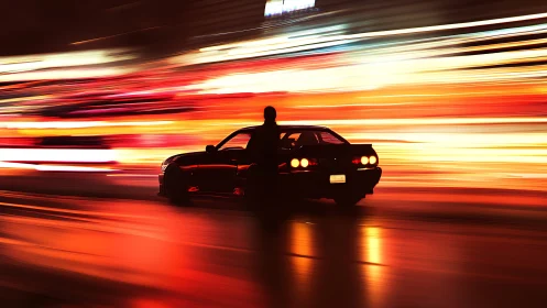 Neon motion-study of sports car silhouette in urban nightscape.