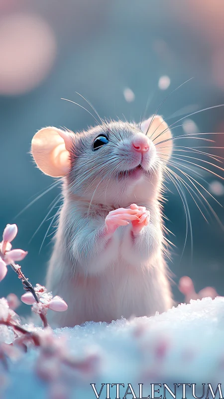 Mouse stands upright on snow with soft bokeh background