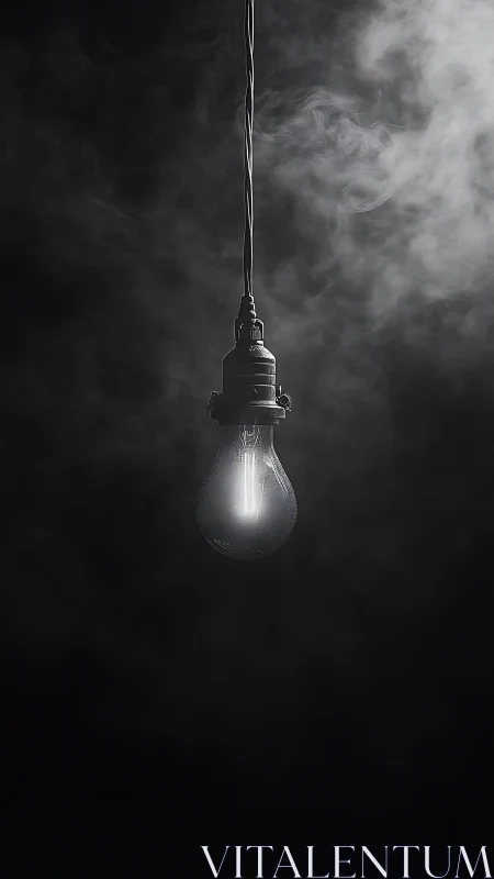 Single glowing light bulb hangs in misty dark atmosphere