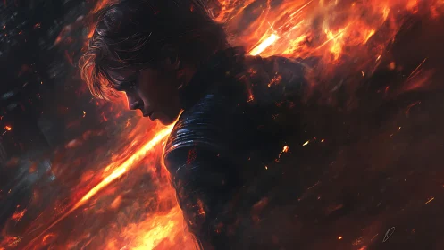 Fiery warrior in storm of embers and cinematic light.