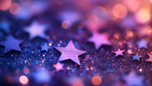 Macro depth-of-field study of metallic star confetti on glitter