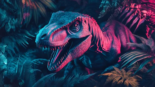 Neon lit dinosaur snarling in dense cyber jungle scene.
