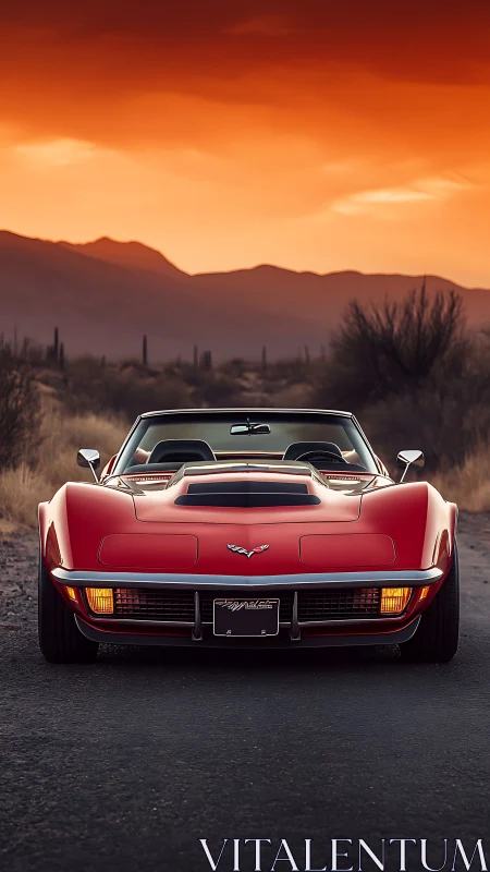 Scarlet desert Corvette greets a molten neon sunset sky.