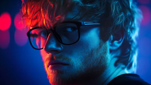 Cinematic neon portrait of bearded man in glasses, profile