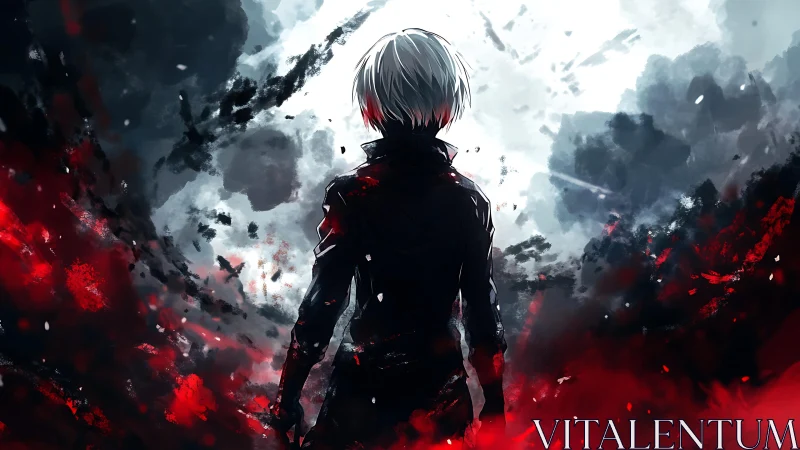 White haired lone figure amid swirling red-black chaos.