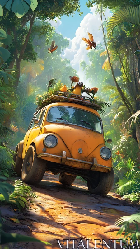 Yellow jungle car on muddy path under bright tropical canopy.