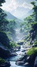 Mountain valley river flows through rocky green forest gorge