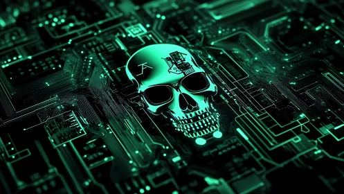 Glowing cyber skull dominates neon circuit labyrinth. Period.