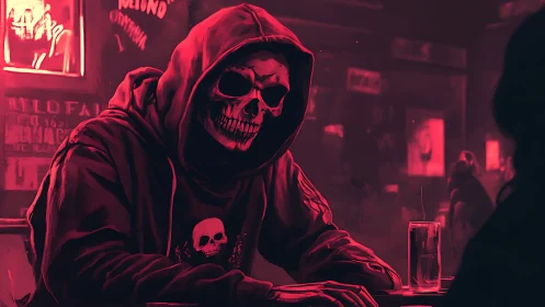 Nighttime skull-hooded figure quietly rests in a neon bar
