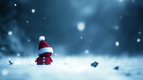 Photorealistic winter vignette with red knitted figure focus.