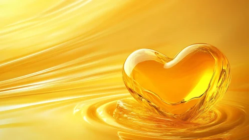 Heart-shaped liquid amber form suspended in golden fluid environment