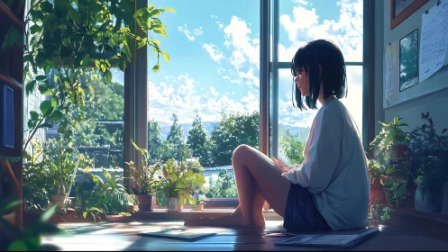 Girl sits by sunlit window surrounded by dense indoor plants