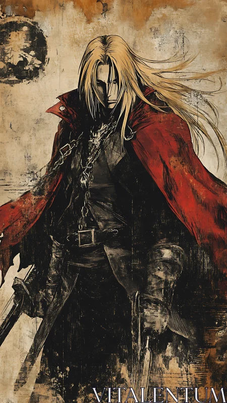 Storm-swept swordsman stands defiant in tattered crimson cloak