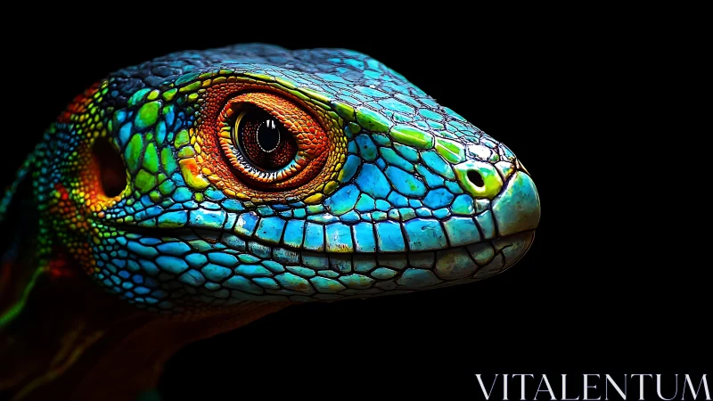 Vivid close up of a colorful blue reptile head portrait.