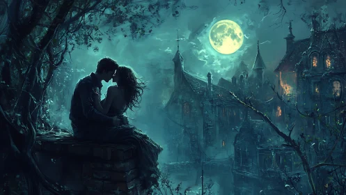 Moonlit Gothic Citadel: Silhouetted Romance Under Luminous Celestial Sphere