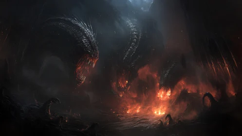 Infernal multiheaded leviathan over volcanic abyssal chasm.