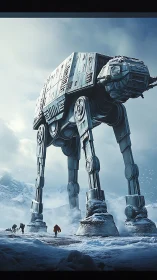 Large four-legged combat walker advances across icy battlefield