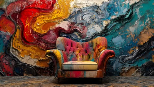 Vibrant Armchair Against Abstract Colorful Textured Wall Art.