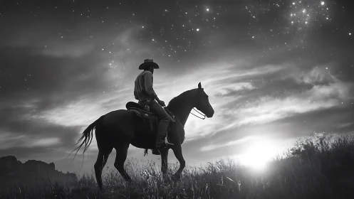 Silhouetted cowboy on horseback traverses starlit prairie at dawn