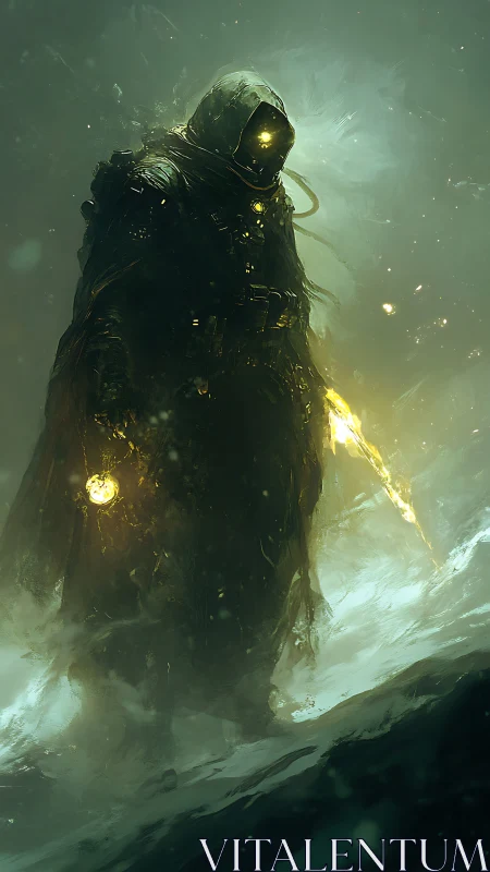 Hooded techno-mage in luminescent storm, digital painting.