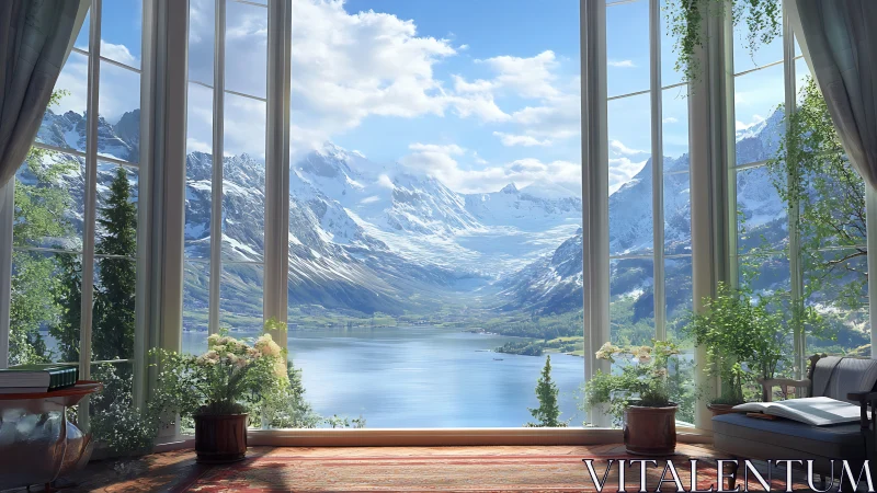 Snowy alpine lake view framed by serene glass room.