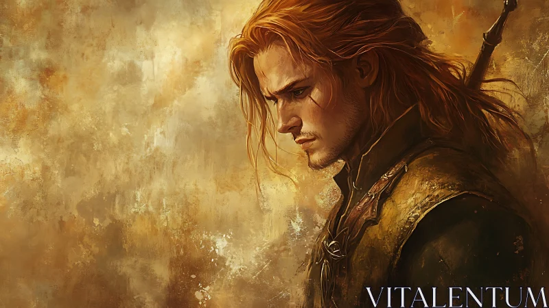 Brooding ember-haired swordsman drifting through golden regret.