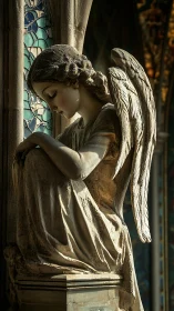 Stone angel statue in soft light near stained glass window.