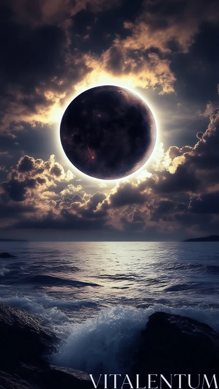 Digital painting of eclipsed planet above stormlit ocean horizon.