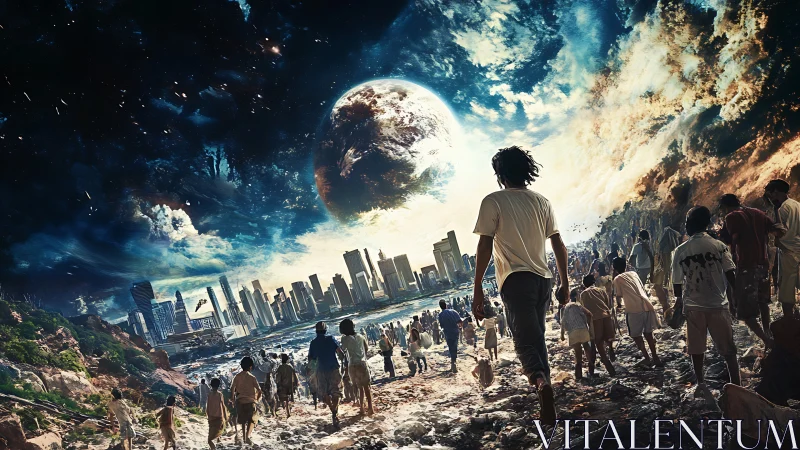 Crowd moving toward damaged city under fractured planet.